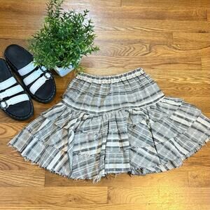 MinkPink Women XS Kimberley Ra Ra Gray White Stripe Ruffle frayed Y2K Mini Skirt